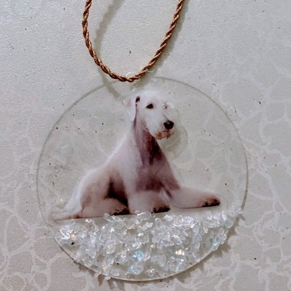 Big White Dog Ornament or car dangle with Glass Chips Accents